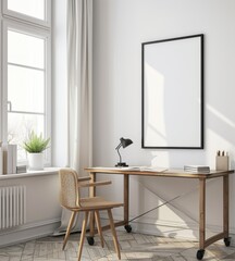 Minimalist home office with a wooden desk. chair. and a large blank frame on a white wall