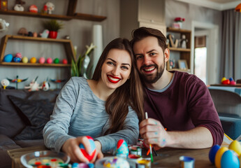 Fototapeta premium Attractive couple painting Easter eggs together in modern home.Woman in grey shirt with red lipstick, man in dark top.