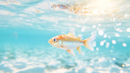 Naklejka premium Orange and White Fish Gliding Beneath Shallow Water, tropical marine life