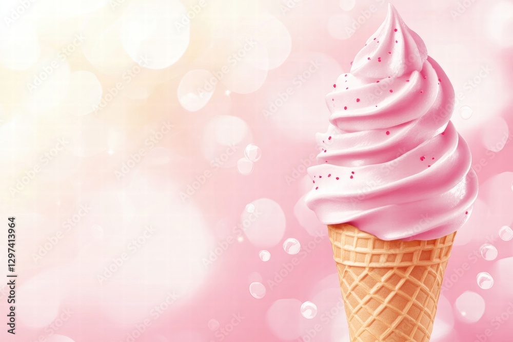 Poster Soft serve ice cream cone with pink swirl on a soft pastel background with decorative bokeh effects. Generative AI