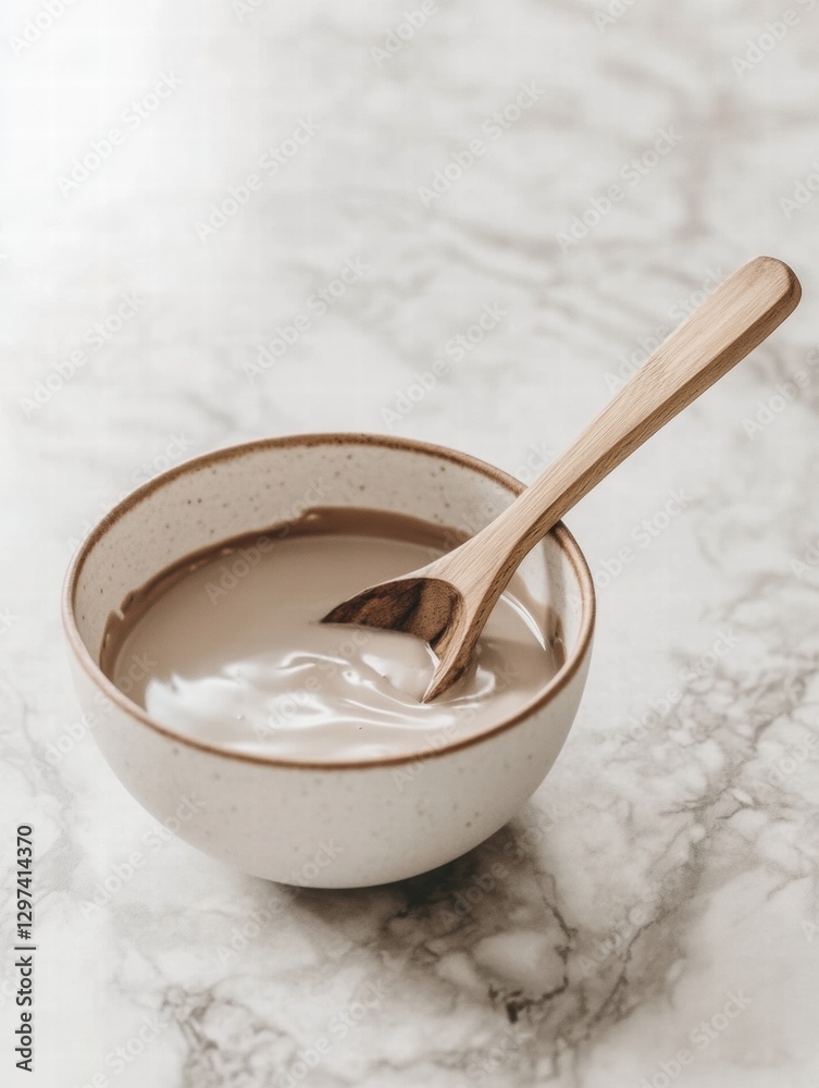 Aufkleber Creamy substance in a bowl with a wooden spoon resting on a marble surface in a bright setting. Generative AI