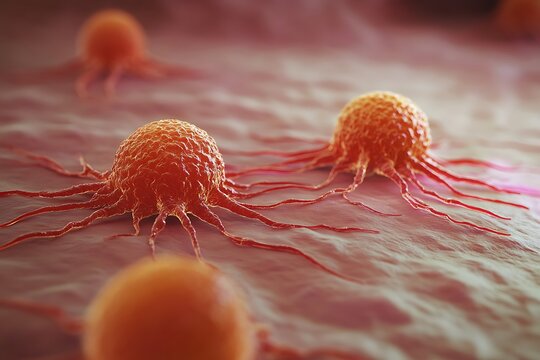 Close-up of cancer cells with long tentacles, showcasing intricate details on one side while the background appears softly blurred. Ideal for health and scientific topics.