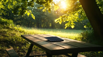 Naklejka premium A wooden picnic table under trees, a solar panel charging a smartphone, with soft sunlight filtering through leafy branches.