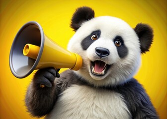 Macro Panda Megaphone Announcement - Cute Yellow Background Wildlife Photography