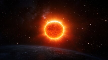 Naklejka premium A vibrant sun radiating warmth and light over a distant planet in a starry space backdrop