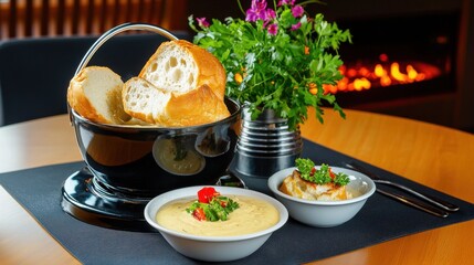 Authentic Swiss Fondue with Crusty Bread Cubes in a Warm Cozy Wooden Bowl   A Classic Alpine Culinary Tradition for Gathering and Dining