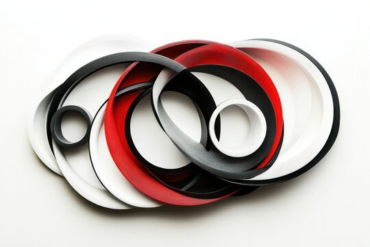 Unique arrangement of black, white, and red circular bands lying on a light surface during a creative workshop or design session