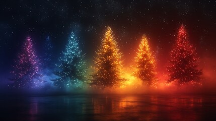 Fototapeta premium Illuminated Rainbow Christmas Trees Reflecting In Water