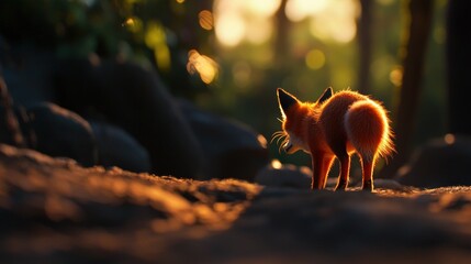 A fox stands on a sunlit forest path, surrounded by blurred greenery and glowing sunlight