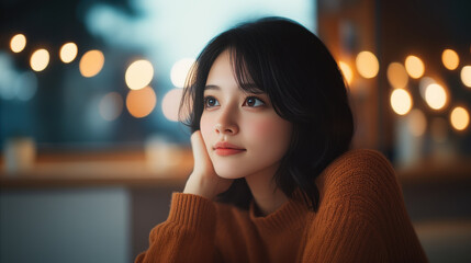 young Asian woman in cozy setting gazes thoughtfully at glowing lights, creating serene atmosphere.
