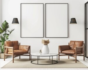 Two leather armchairs face a marble coffee table with a vase of dried flowers in a living room with white walls and two large black framed canvases