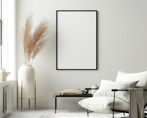 Minimalist living room interior with a white armchair. a wooden coffee table. and a large empty frame on the wall