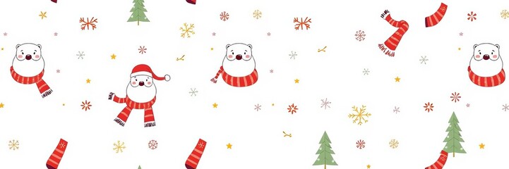 Christmas themed seamless pattern featuring polar bears wearing scarves and Santa Claus hats, along with Christmas trees and doodle white accents, illustration, isolated, background
