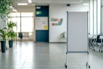  Modern office environment with blank pull-up banner mockup for advertisement or presentation display