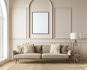 Fototapeta premium Modern living room interior with a beige sofa. a large window. and a blank poster frame on the wall