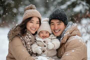Fototapeta premium Family enjoys a winter day in the snow with their smiling baby wearing warm clothes in a snowy forest