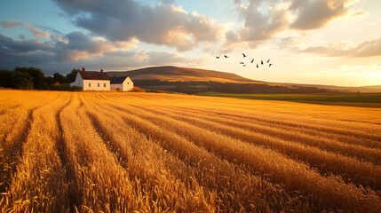 Serene sunset over golden wheat fields in nature photography