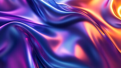 Obraz premium A vibrant abstract background with liquid metal waves in purple, blue, and orange hues. Featuring fluid, shiny metallic textures, perfect for posters, banners, or covers with a hyper-realistic touch.