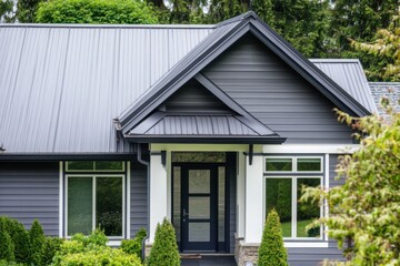 Fototapeta premium Contemporary house design featuring a dark exterior and modern architecture in a serene residential neighborhood surrounded by greenery