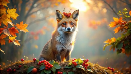 Obraz premium Majestic Fox, Autumn Crown, Misty Forest Panoramic - Fantasy Animal Photography
