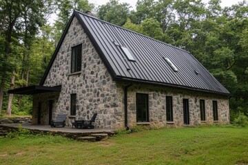 Charming stone cottage nestled in dense forest with modern roof and large windows, showcasing a harmonious blend of nature and architecture in tranquil surroundings