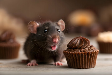 Fototapeta premium ugly rat licking chocolate cupcake, dark fur rodent with long tail tiny pink tongue sharp claws round ears