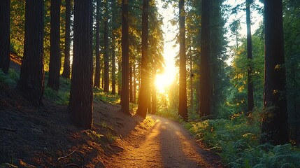 Obraz premium Sunset serenity on a forest trail nature photography lush environment peaceful viewpoint