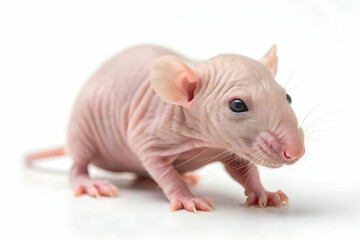 ugly rat with wrinkled pink skin small hairless rodent with sharp claws long tail beady eyes fragile body