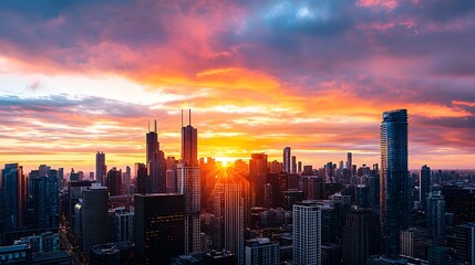 Fototapeta premium Urban sunset over modern skyline cityscape evening urban environment aesthetic view vibrant colors