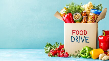 Colorful food drive box filled with various canned goods and fresh produce, promoting community support.