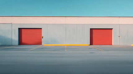 Modern industrial building with red garage doors and clear blue sky.