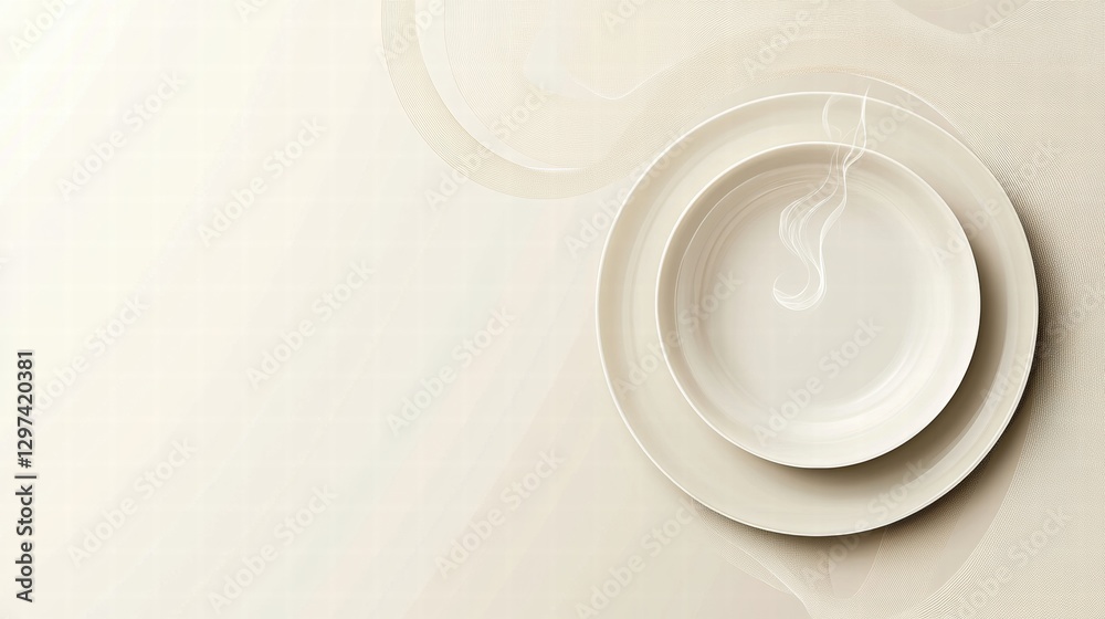 Poster Empty plates with steam rising in a simple background creating a serene atmosphere for dining experience. Generative AI