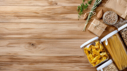 Fototapeta premium DIY pantry organization with clear containers, natural ingredients, and herbs