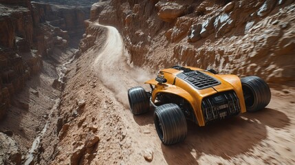 Yellow Off-Road Vehicle In Dusty Canyon Landscape
