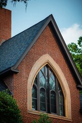Obraz premium Historic architecture showcases intricate design elements on a brick structure with a gothic arch window in a serene neighborhood setting