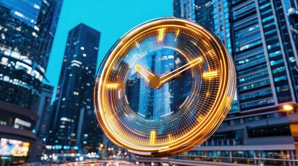 Glowing Digital Clock in Sleek High Tech Business District with Towering Skyscrapers and Illuminated Nighttime Skyline  Concept of Time Deadline Finance and Fast Paced Urban Lifestyle