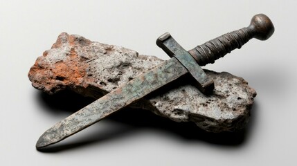 Ancient bronze dagger resting on a textured stone surface with soft lighting highlighting details