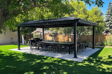 Obraz premium Outdoor dining area with a large table and barbecue grill under a shaded gazebo surrounded by lush greenery in a backyard setting on a sunny day