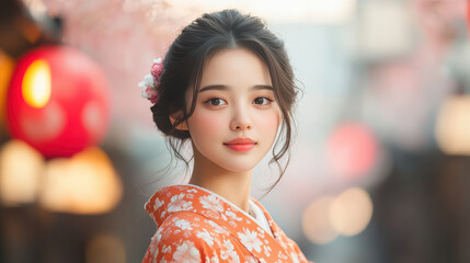 Obraz premium young Japanese woman in floral kimono stands in vibrant street, exuding grace and charm.