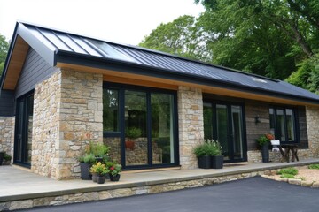 Fototapeta premium Modern stone and wood house with large windows, surrounded by greenery, showing contemporary architecture in a peaceful setting