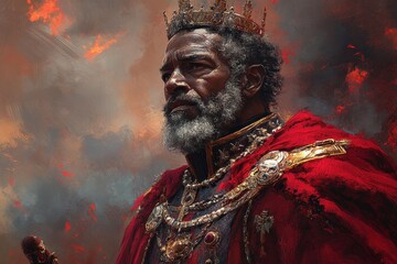 Regal Portrait of a Bearded King in Ornate Armor and Red Cloak Amidst a Dramatic Fiery Background Highlighting Authority and Power