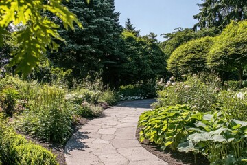 Obraz premium Stroll through a serene garden path lined with lush greenery and vibrant plants under a clear blue sky during a sunny day in early summer