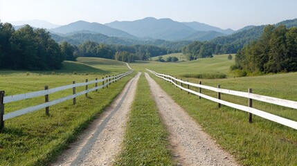 Scenic mountain valley road, green fields, summer