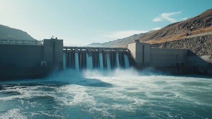 Water rushing through a hydro plant turbines, generating clean power under clear skies