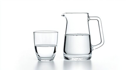 Glass and jug with water isolated on white
