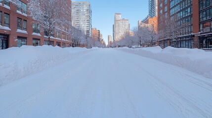 Fototapeta premium Snowy City Street, Winter Morning, Urban Landscape, Empty Road