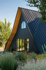 Fototapeta premium This stunning modern home features a distinctive triangular design that stands out beautifully amidst lush, vibrant landscaping, all set in a bright and sunny outdoor environment