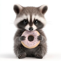 Obraz premium Adorable 3D Rendered Raccoon Holding Pink Donut with Sprinkles
