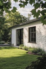 Obraz premium Contemporary architectural design beautifully complements the natural beauty of a tranquil garden, featuring vibrant greenery and a radiant blue sky