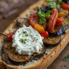 baguette with grilled eggplant, marinated peppers and goat cheese